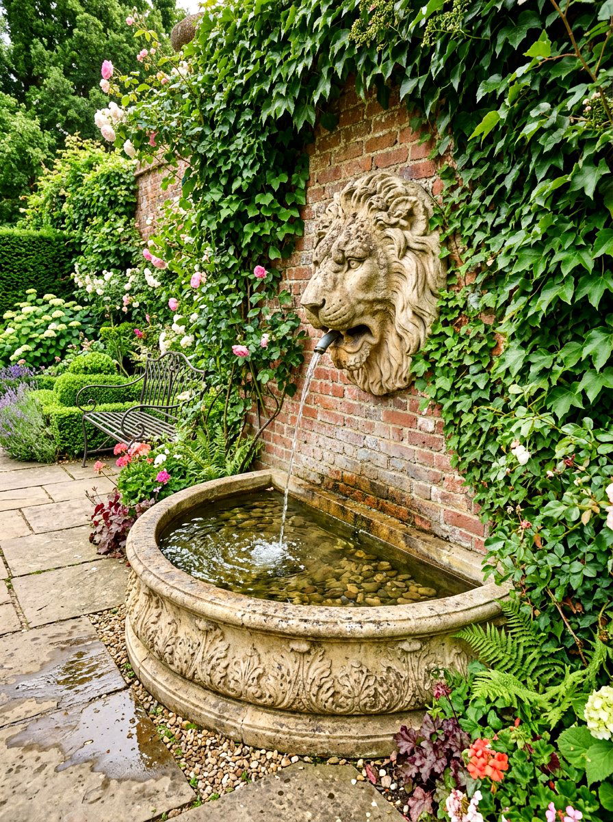 Lion Head Spout - 30 outdoor courtyard fountain ideas