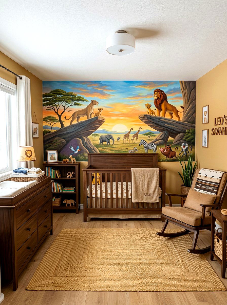Lion King Themed Mural - 30 safari wall mural nursery ideas