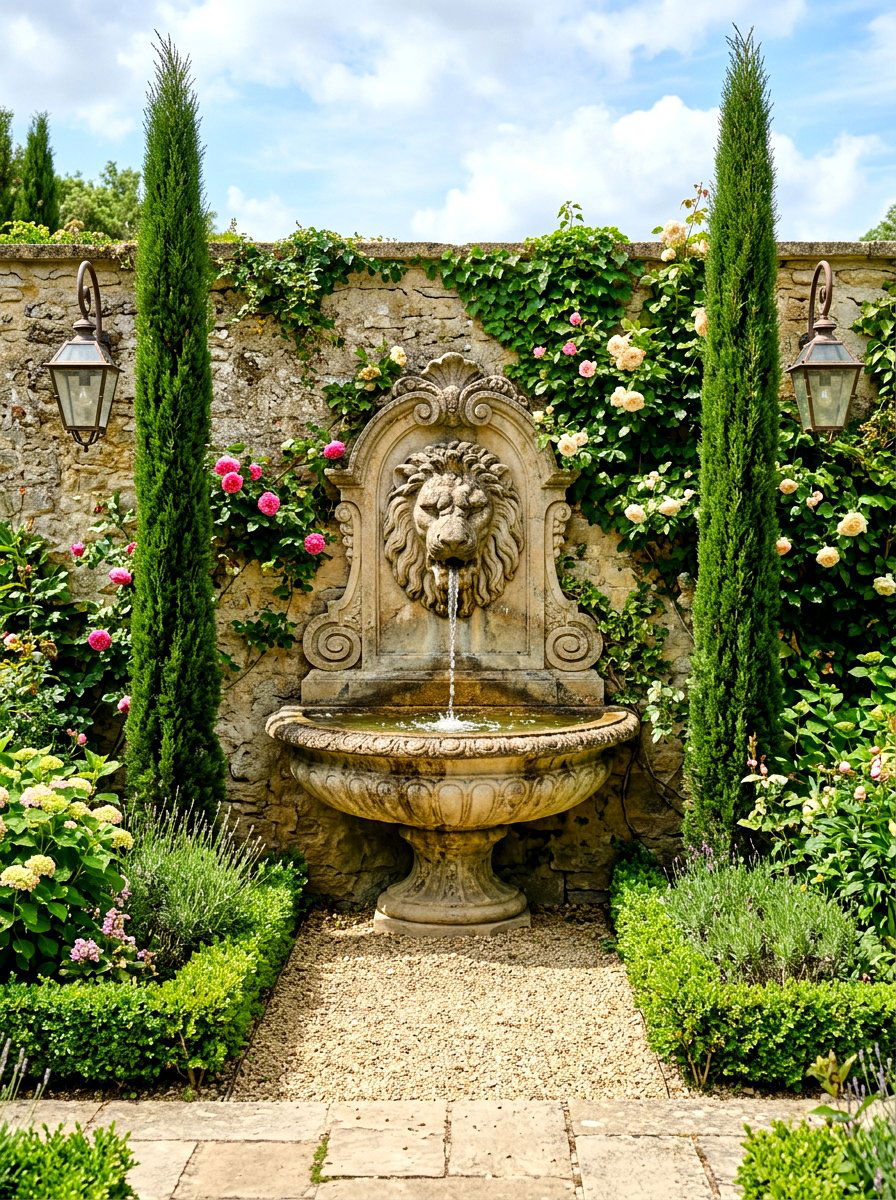 Lion head wall fountain - 30 front yard water feature ideas