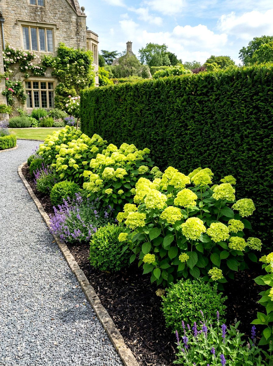 Little Lime hydrangea and taxus hedge - 30 evergreen and hydrangea landscape ideas
