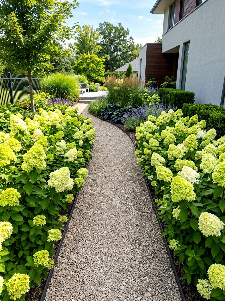 Little Lime hydrangea walkway - 30 hydrangea border ideas