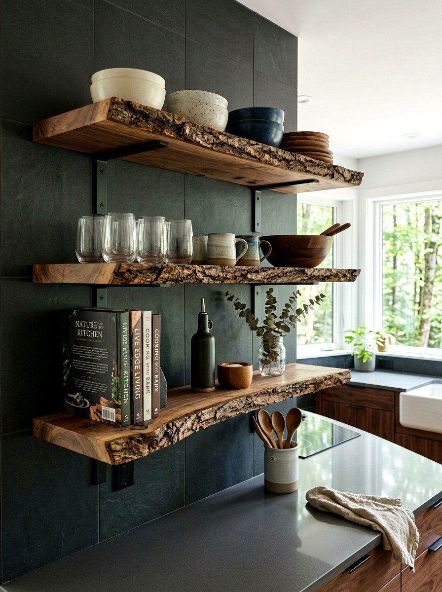 Live Edge Kitchen Shelving - 30 open shelving kitchen decor ideas