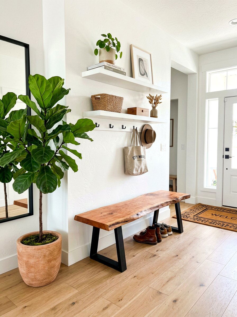 Live Edge Wood Mudroom Bench - 30 open mudroom shelving ideas