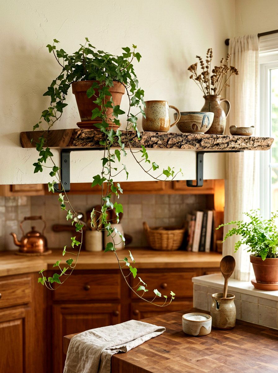 Live edge shelf - 30 tiny kitchen open shelf ideas