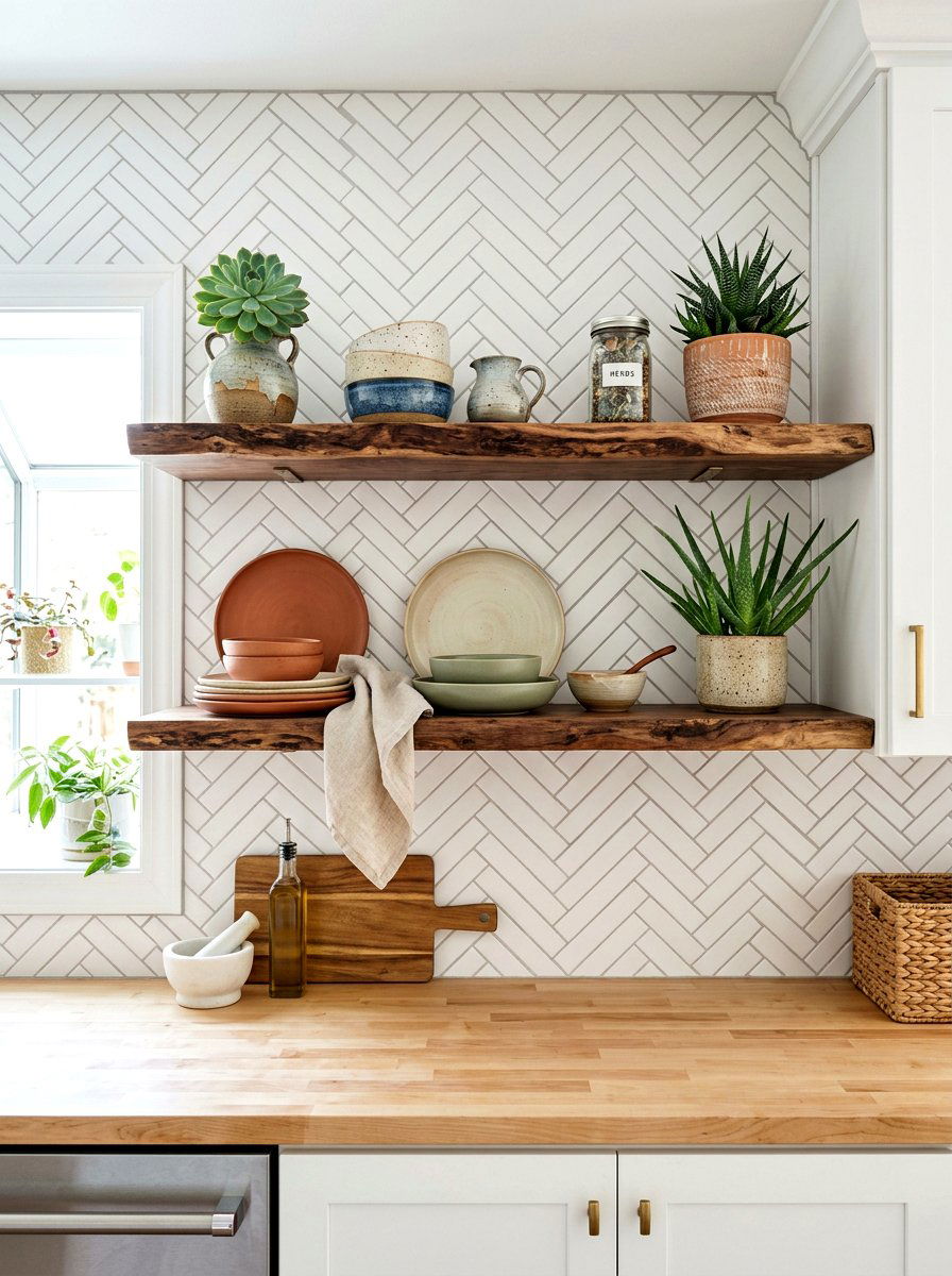 Live edge wood shelves - 30 open kitchen shelf ideas