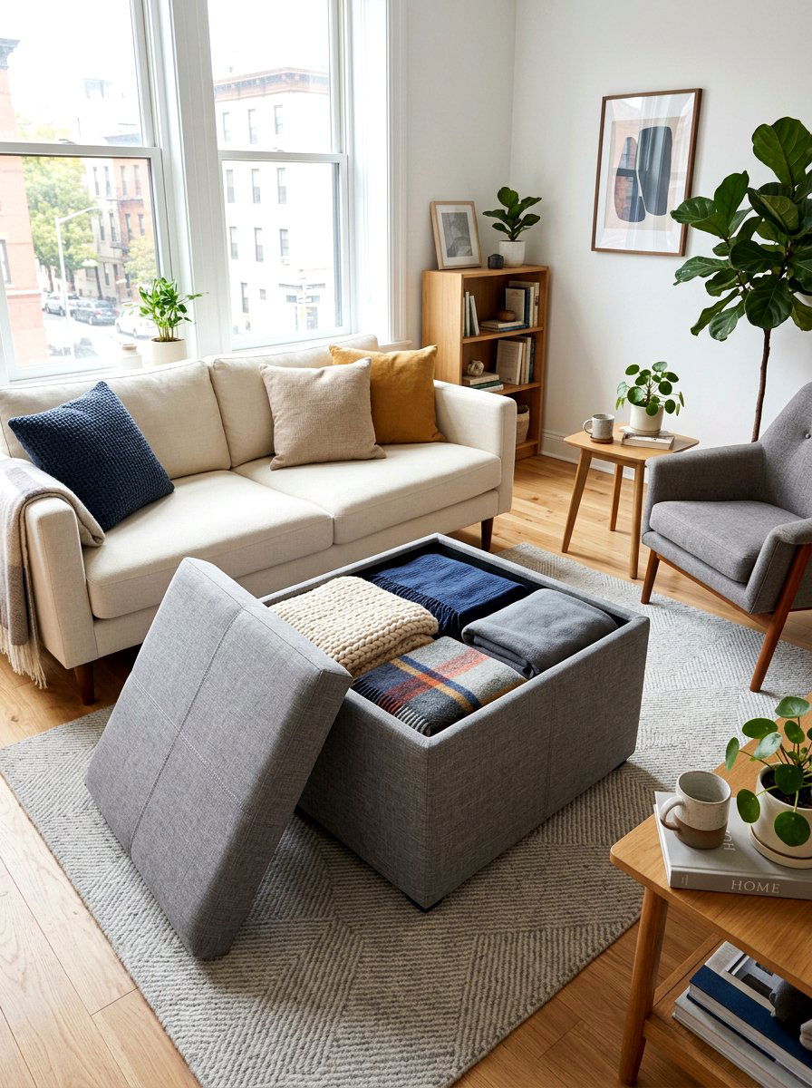 Living Area Ottoman Storage - 30 studio apartment storage ideas