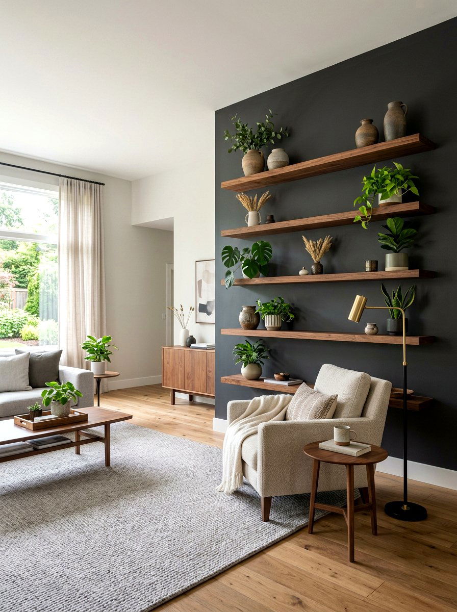 Living Room Black Wall Wood Shelves - 30 black and wood decor ideas