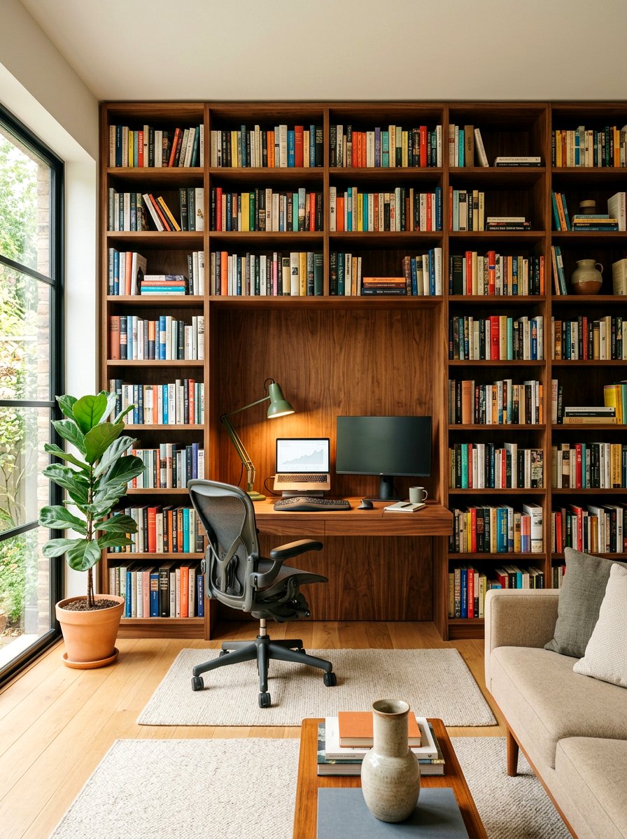 Living Room Book Wall With Desk - 30 book wall living room ideas