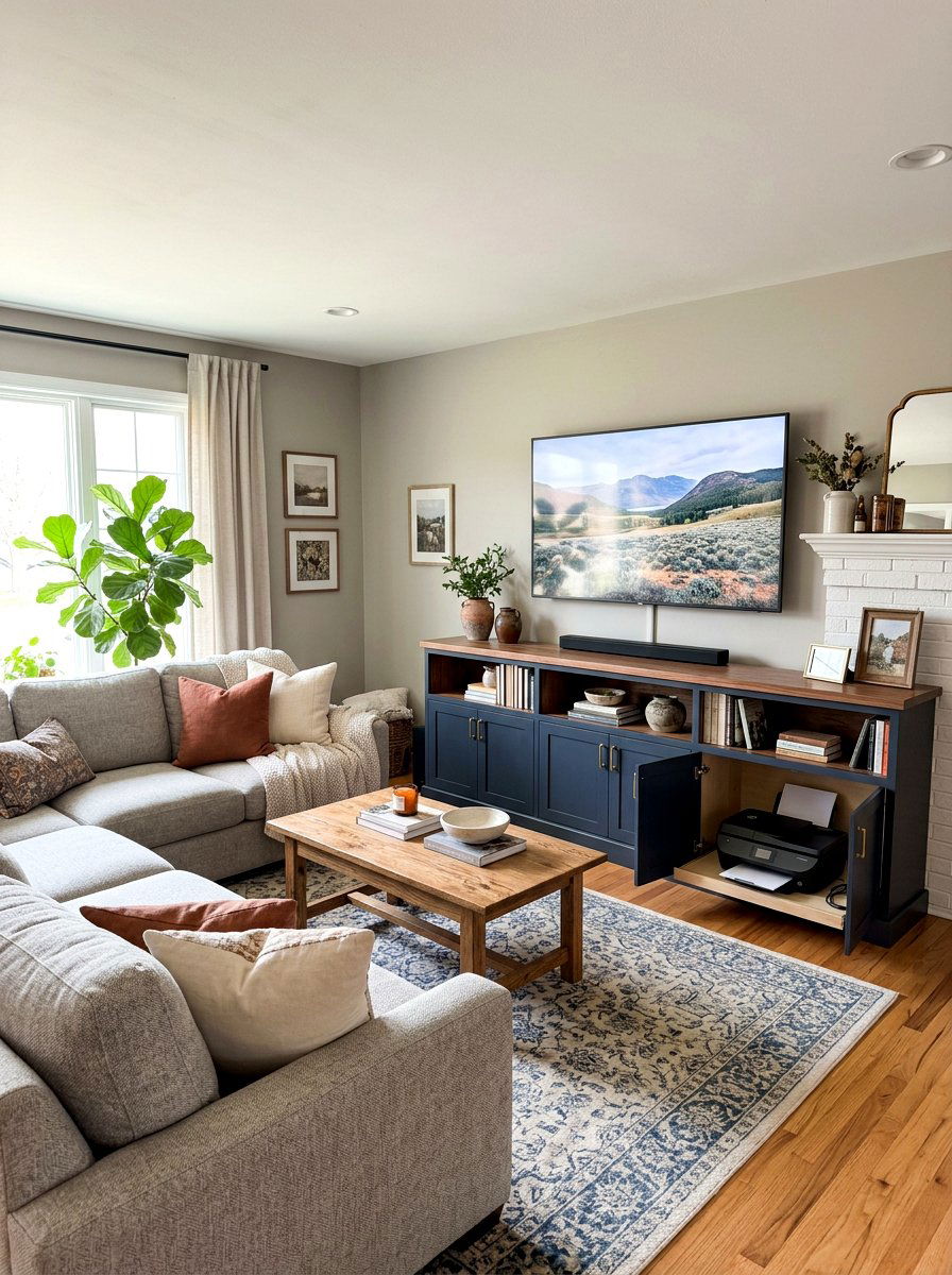 Living Room Media Console Printer Storage - 30 hidden printer cabinet ideas