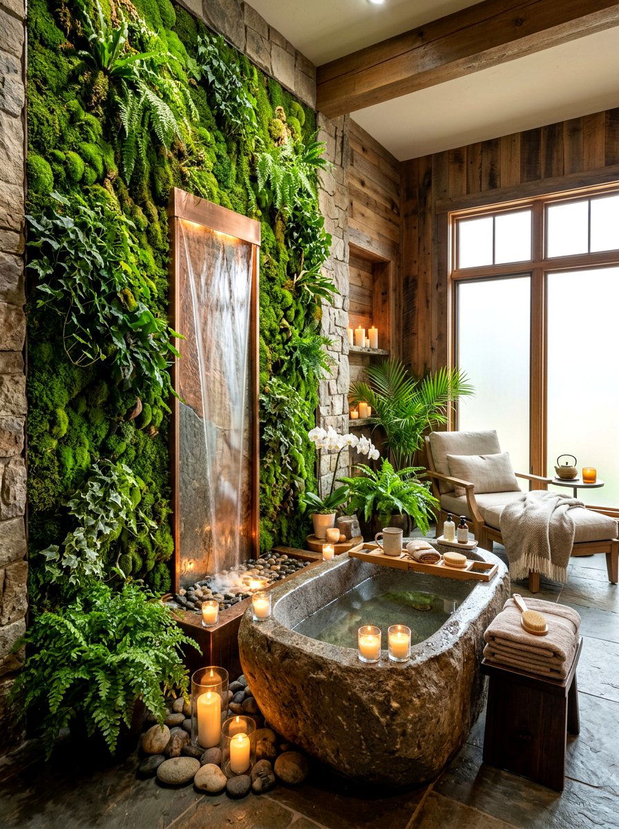 Living moss wall fountain - 30 indoor fountain decor ideas