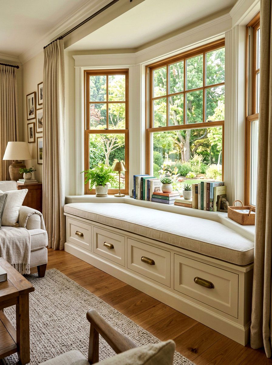 Living room bay window storage seat - 30 bay window seating living room ideas