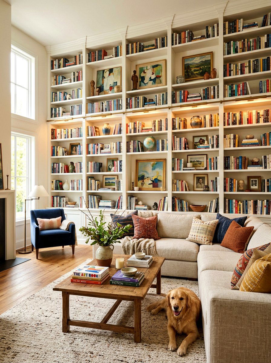 Living room feature wall bookshelf - 30 library wall ideas