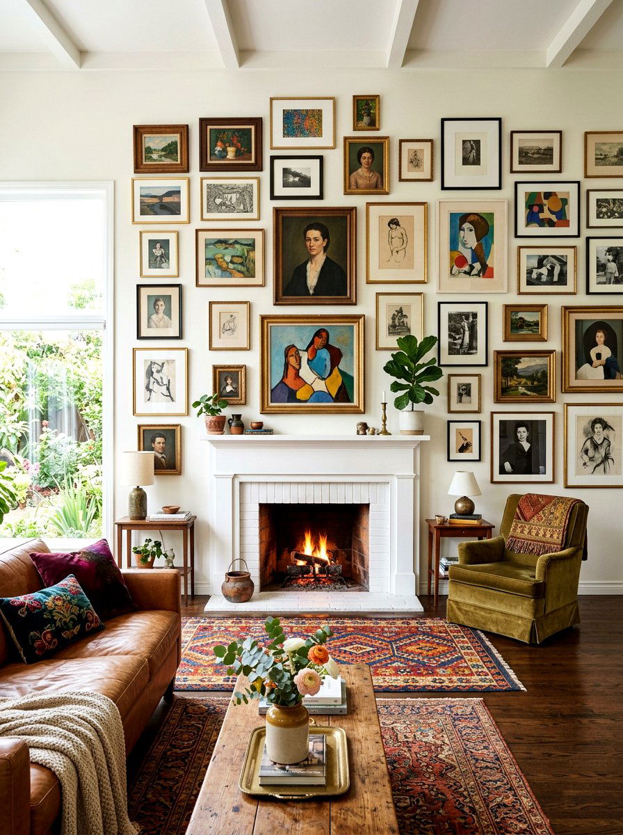 Living room fireplace and gallery wall - 30 off center fireplace ideas