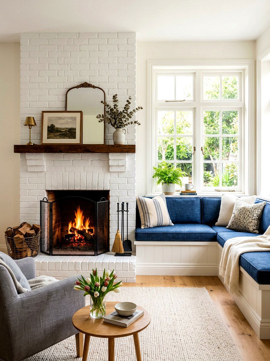 Living room fireplace and window seat - 30 off center fireplace ideas