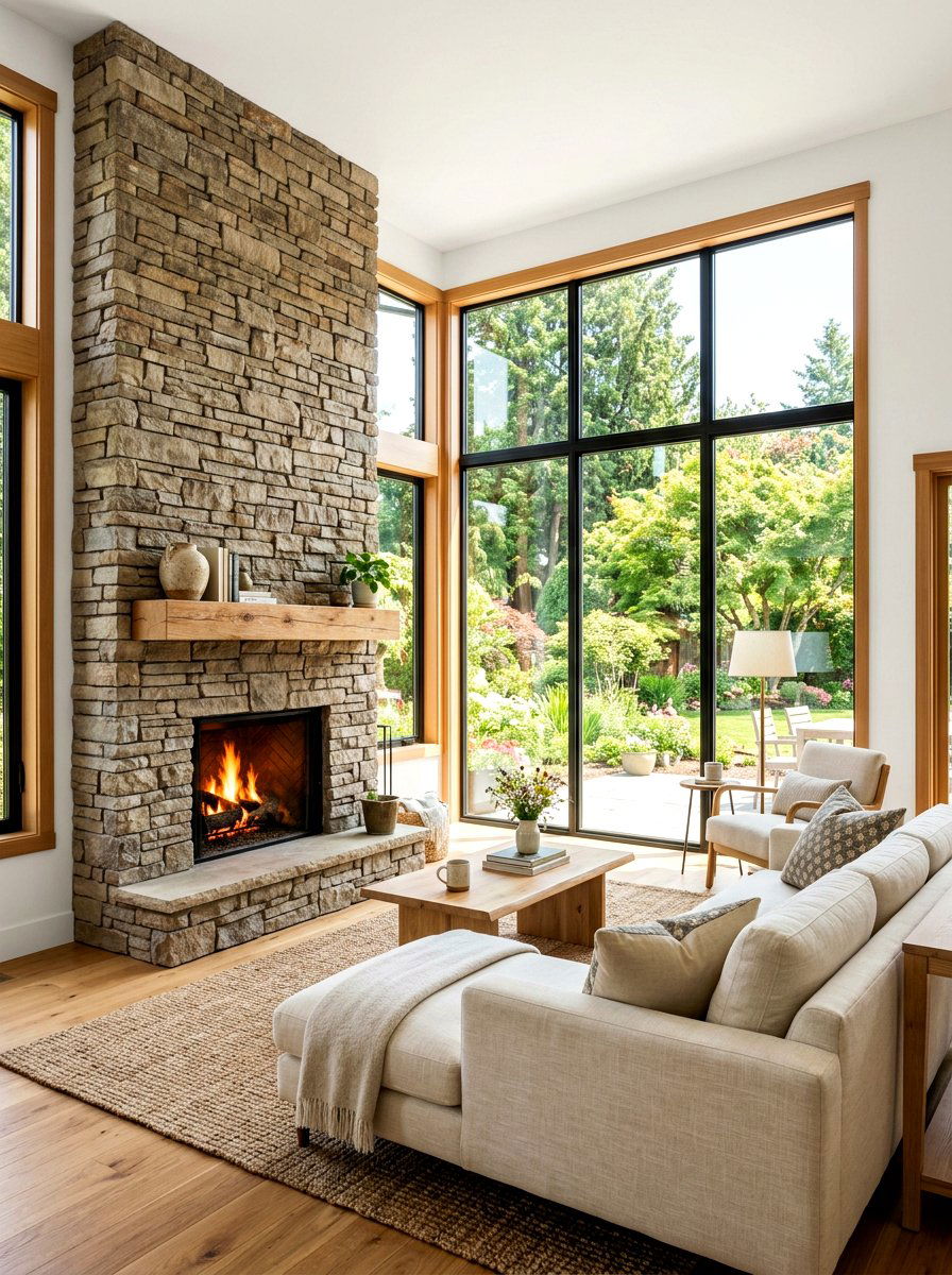 Living room fireplace next to large window - 30 off center fireplace ideas