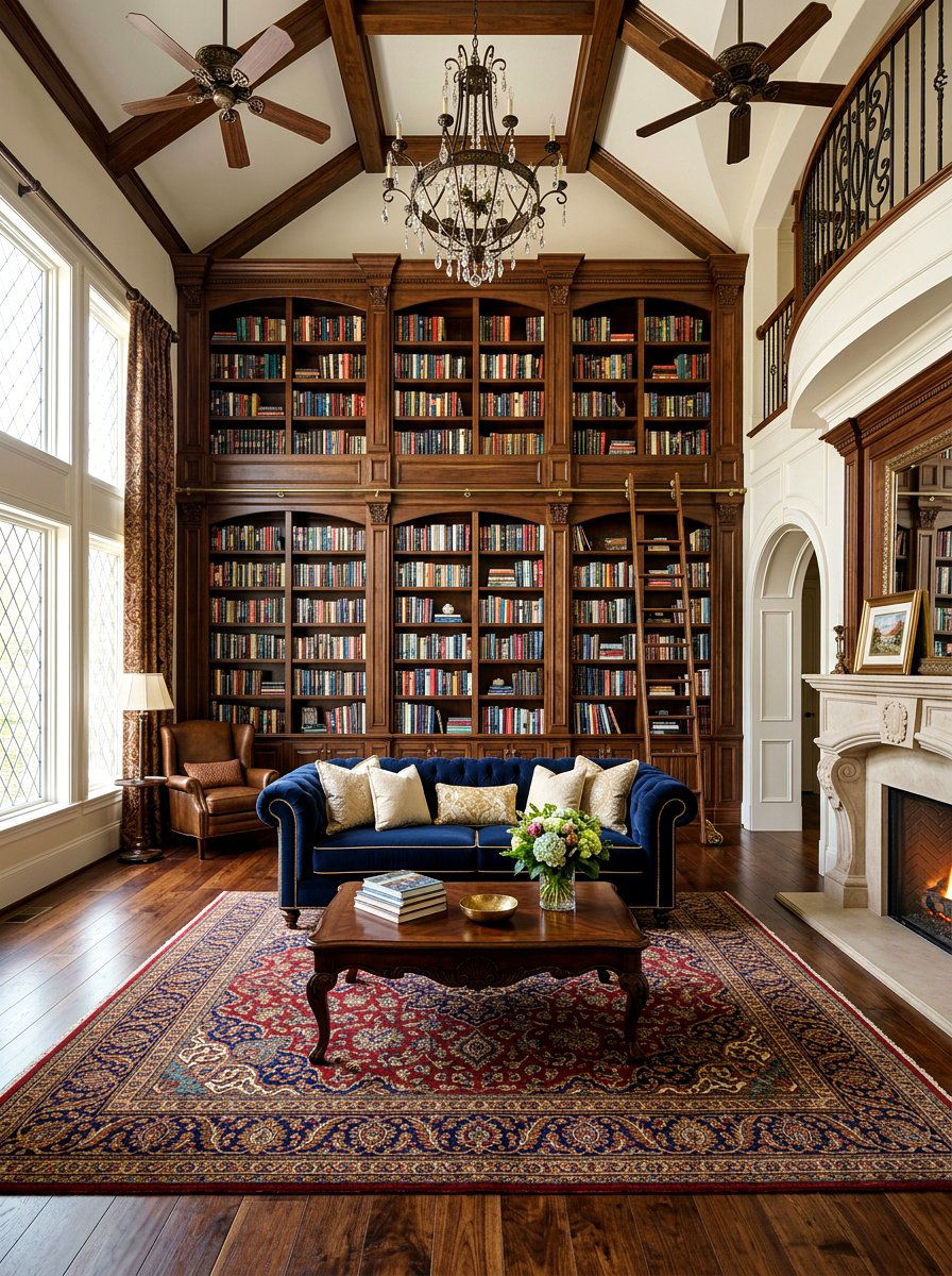 Living room floor to ceiling bookshelf - 30 library ladder ideas