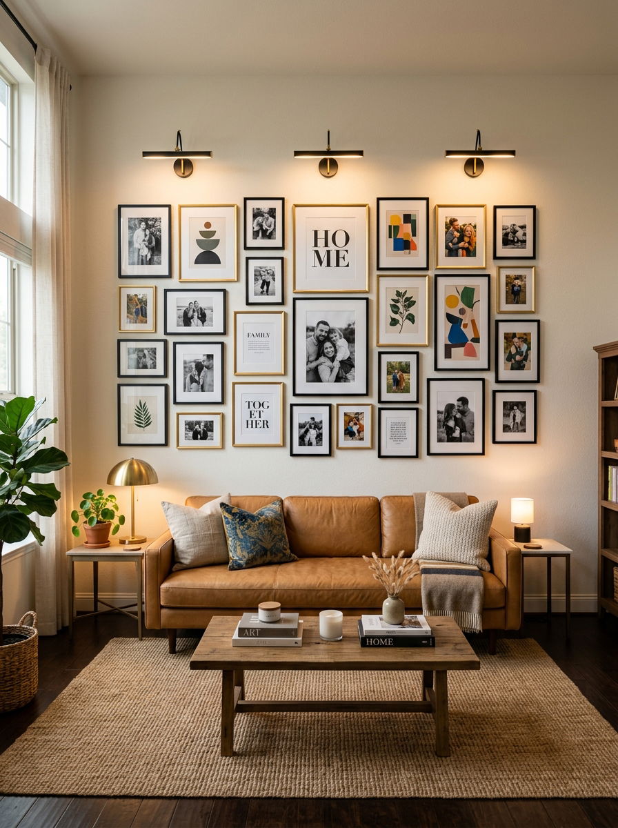 Living room gallery wall layout - 30 no fireplace living room ideas