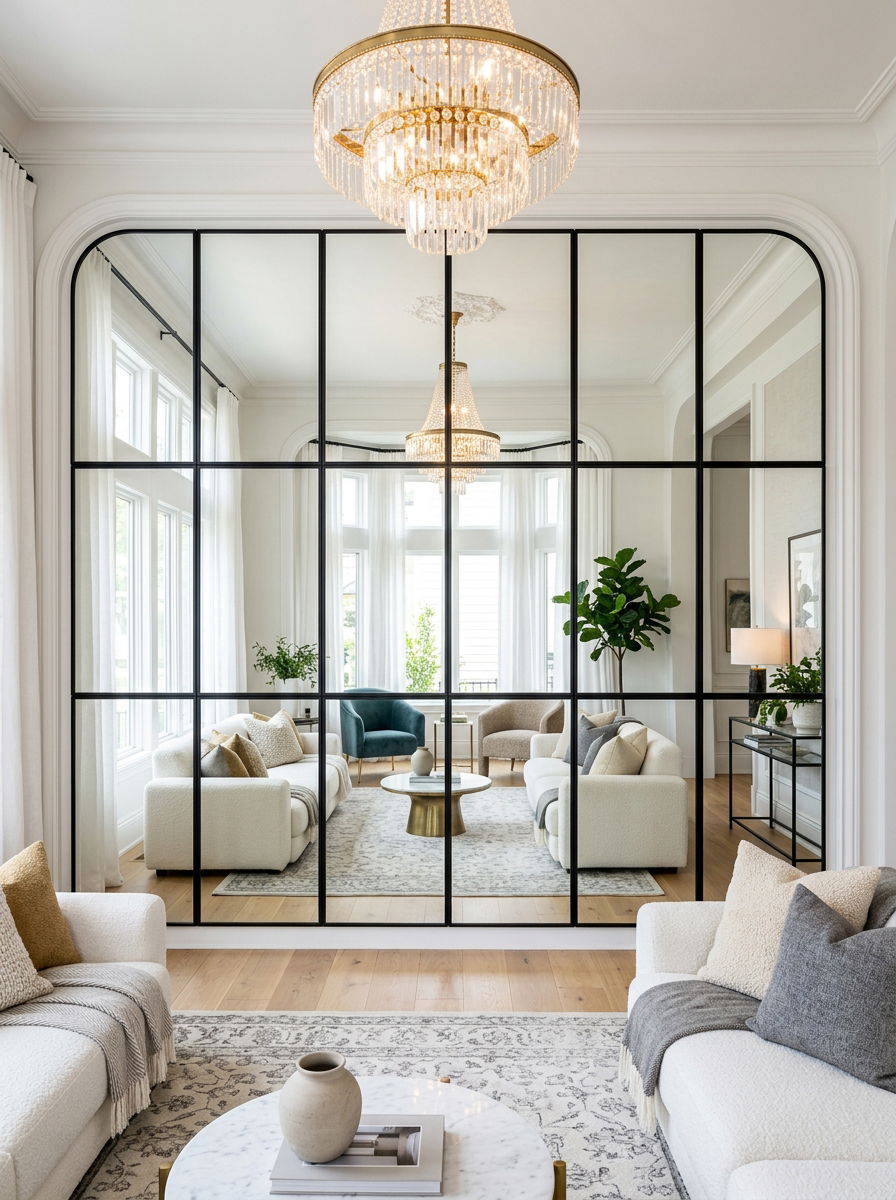 Living room mirror wall focal point - 30 no fireplace living room ideas