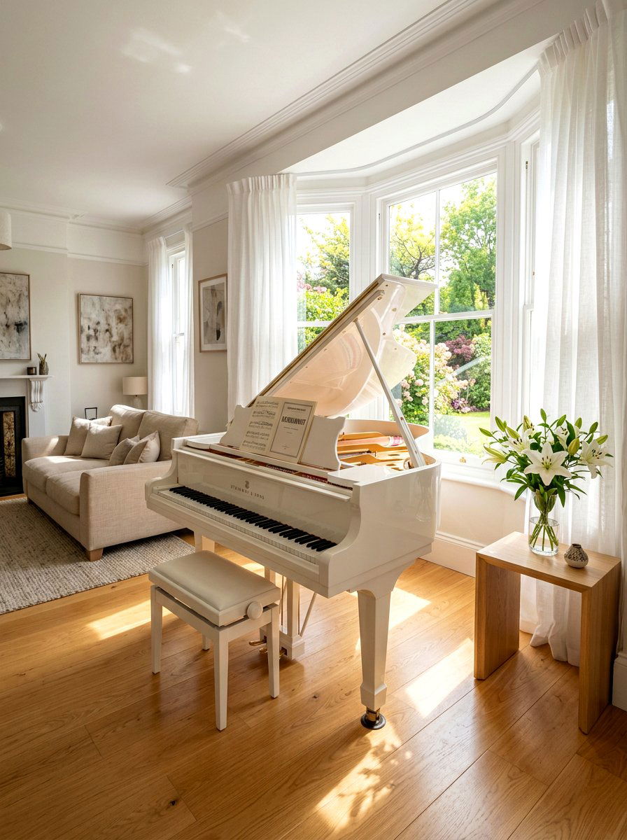 Living room piano window placement - 30 piano living room ideas