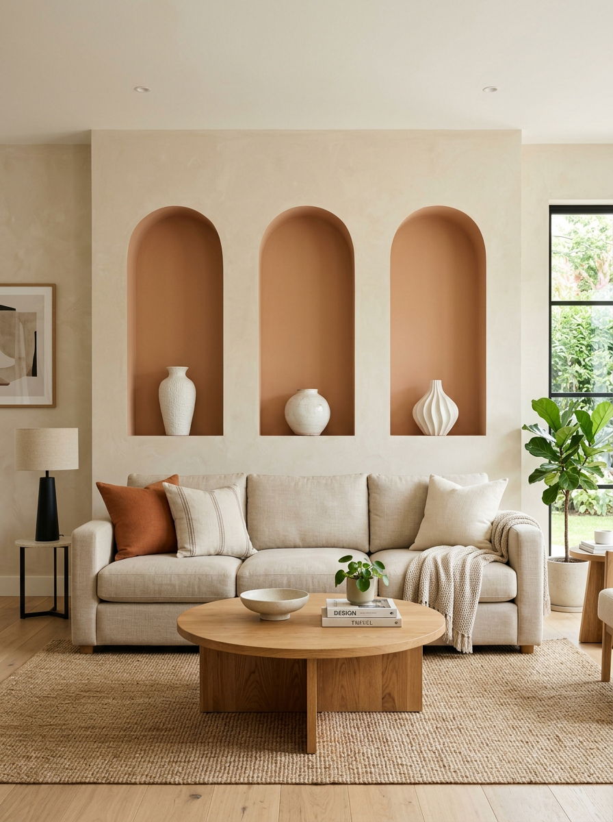 Living room with arched wall niches - 30 no fireplace living room ideas
