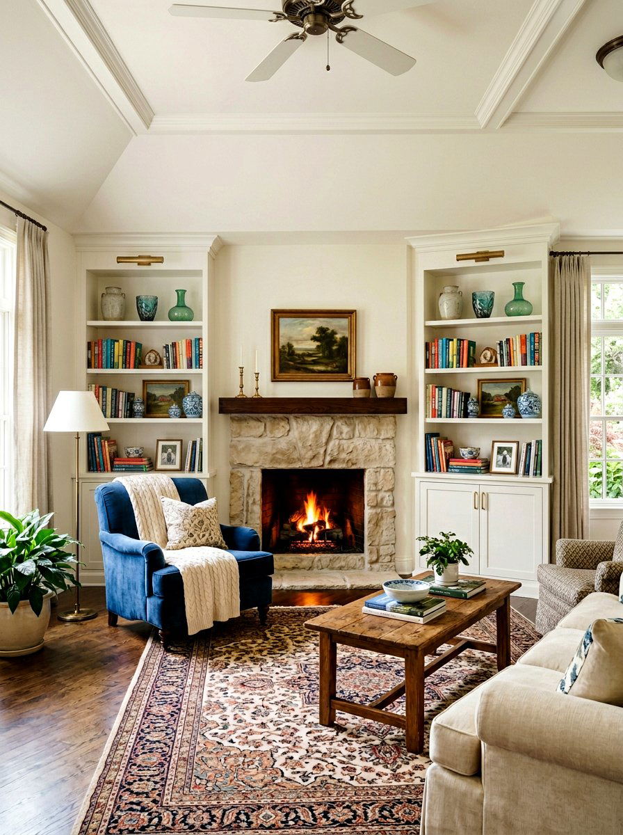 Living room with fireplace and built in shelves - 30 off center fireplace ideas
