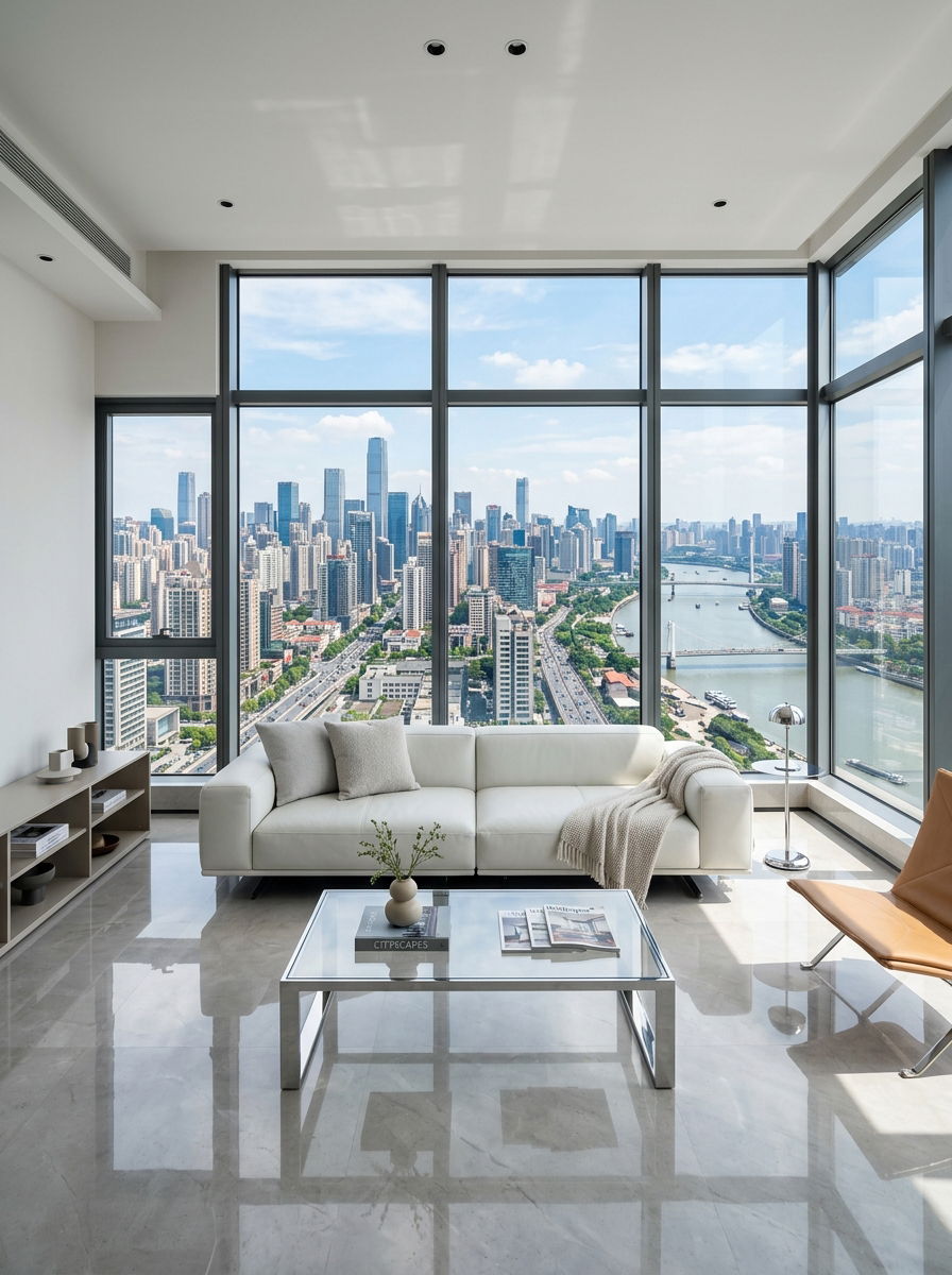 Living room with floor to ceiling windows - 30 no fireplace living room ideas