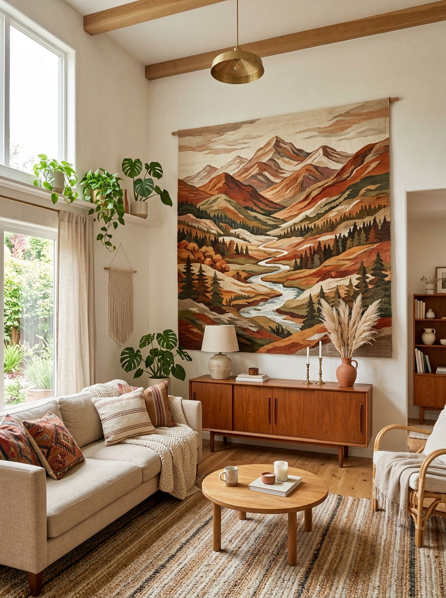 Living room with large scale tapestry - 30 no fireplace living room ideas