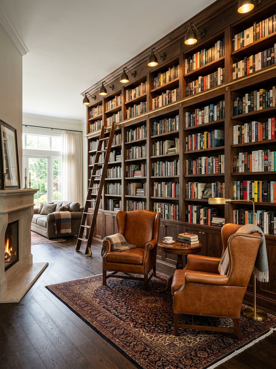 Living room with library wall - 30 no fireplace living room ideas
