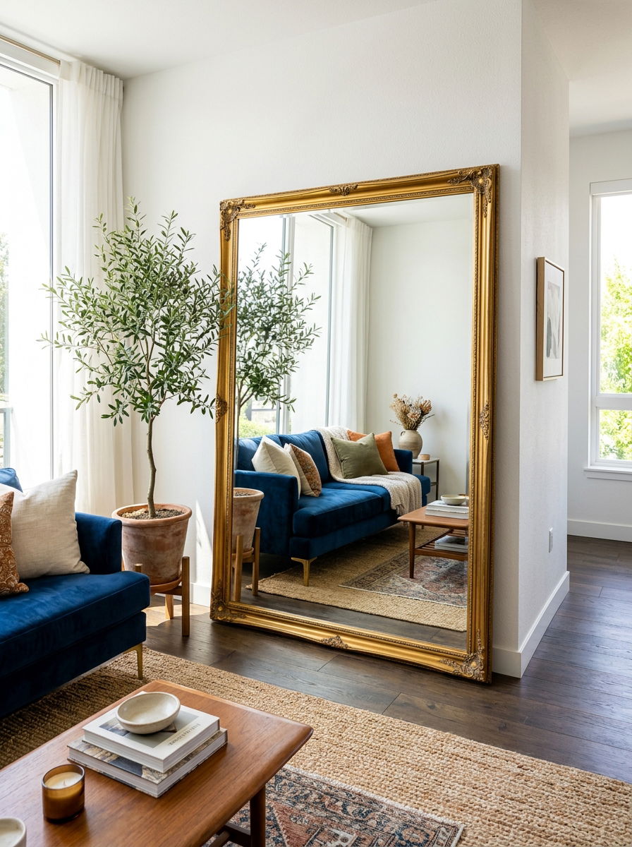 Living room with oversized floor mirror - 30 no fireplace living room ideas