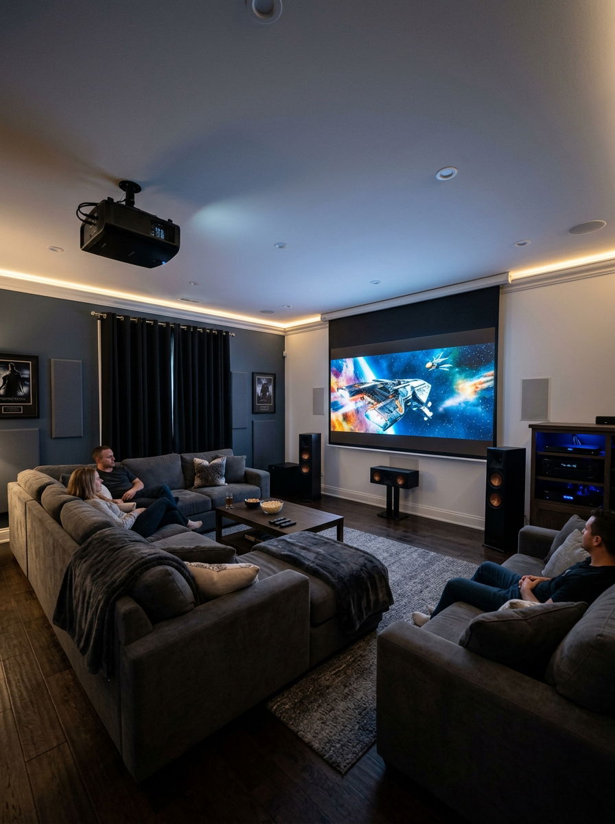 Living room with projector screen - 30 no fireplace living room ideas