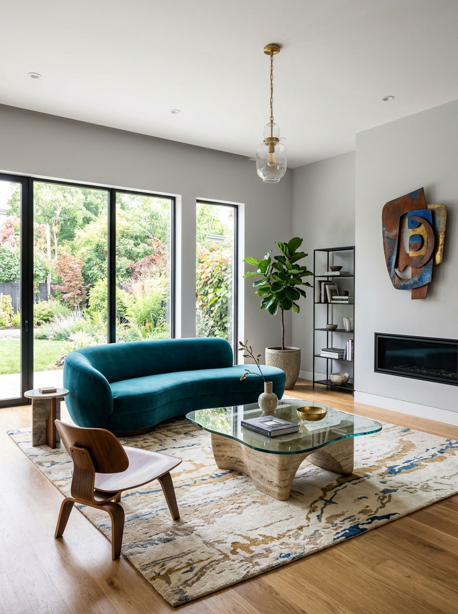 Living room with sculptural furniture focal point - 30 no fireplace living room ideas