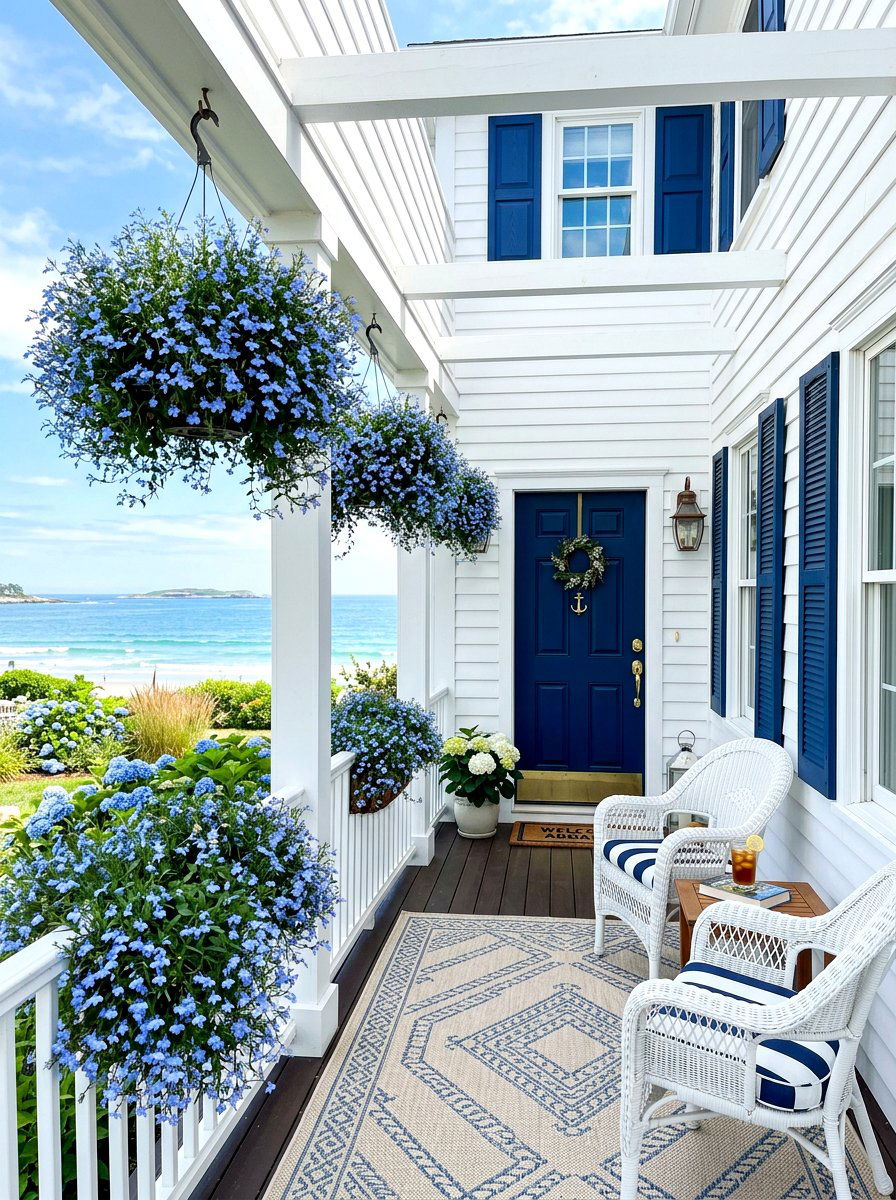 Lobelia hanging basket - 30 porch floral basket ideas