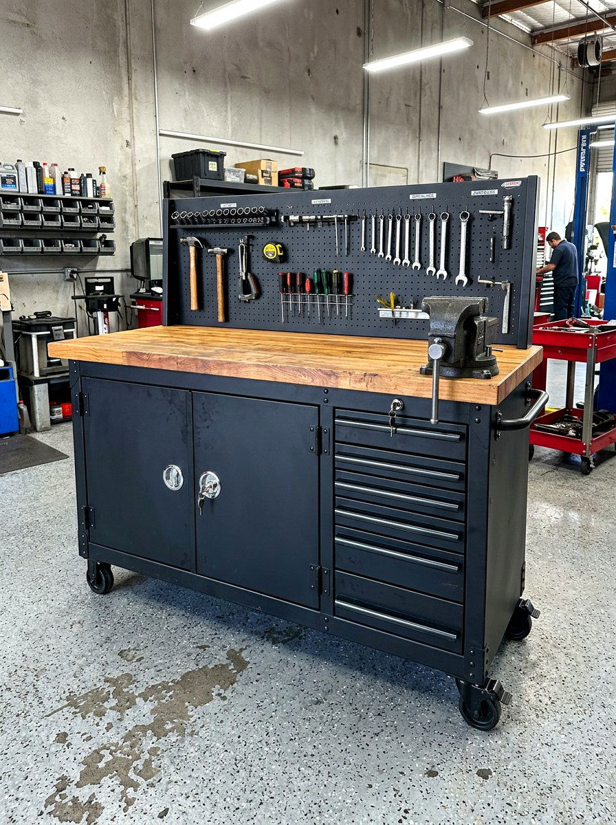 Lockable Tool Storage Bench - 30 garage workbench ideas