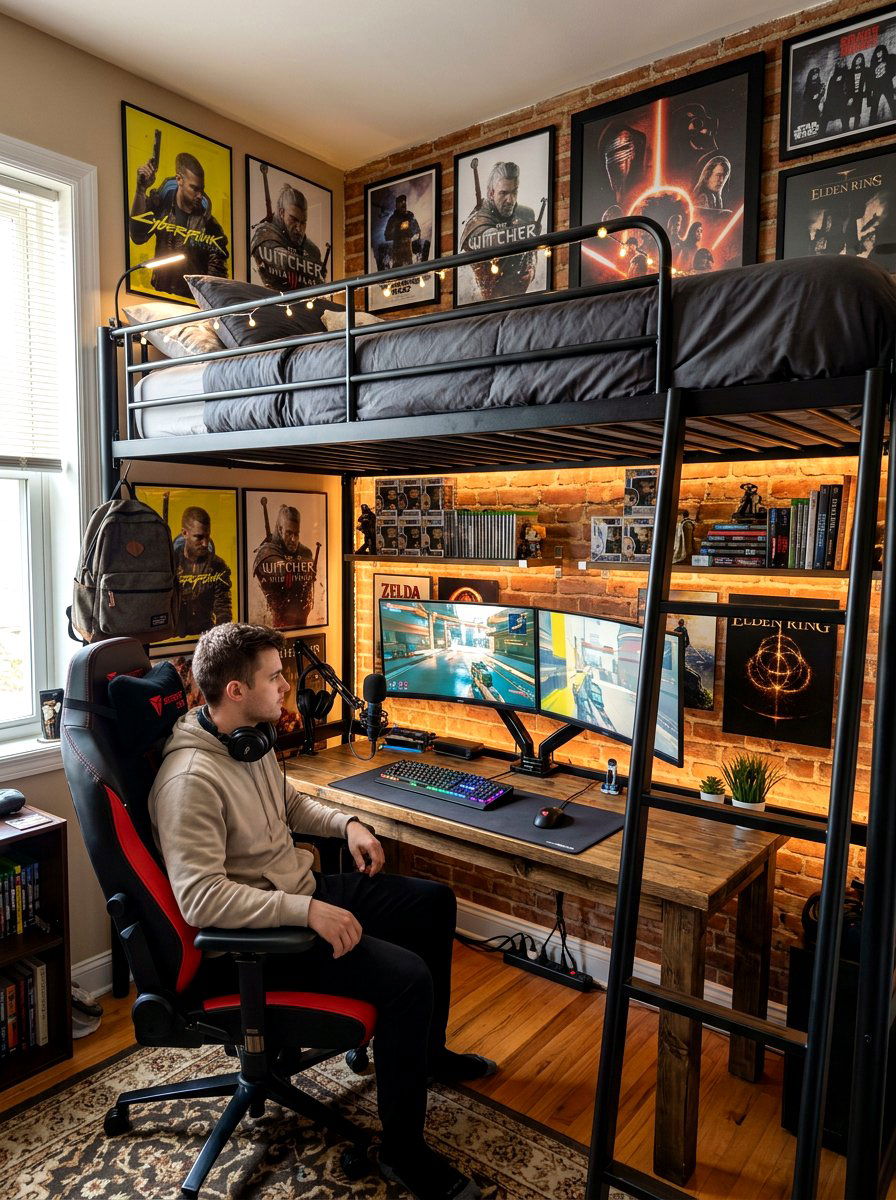 Loft Bed With Gaming Desk Underneath - 30 gaming teen nook ideas