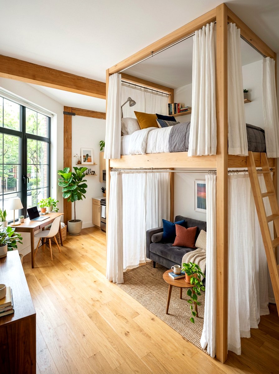 Loft Bed With Privacy Curtains - 30 loft bed studio apartment ideas