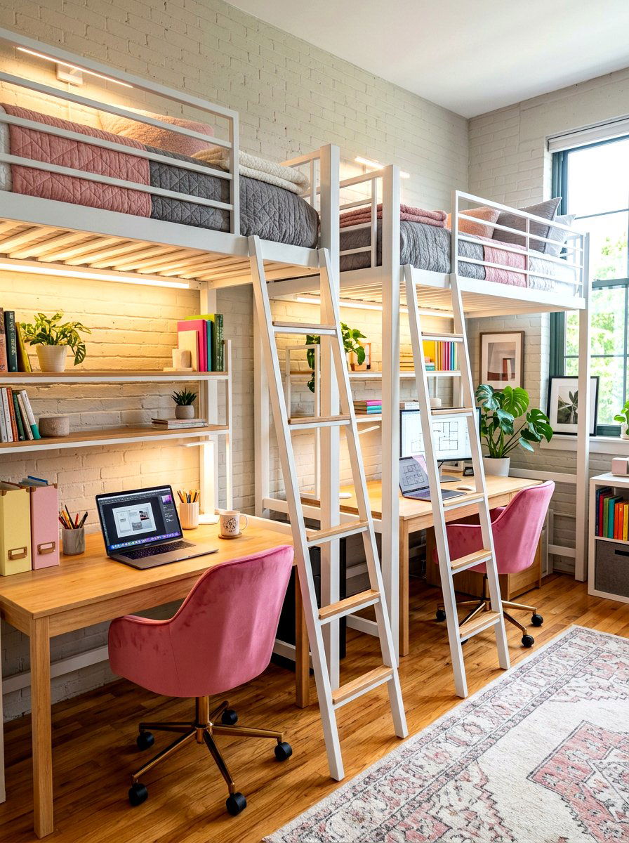 Loft Beds With Desks - 30 girls shared bedroom ideas