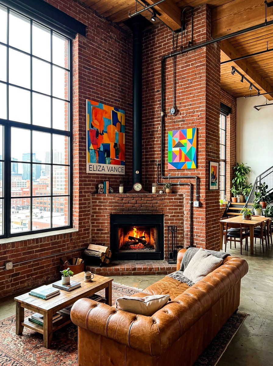 Loft Style Exposed Brick Wall - 30 corner fireplace ideas