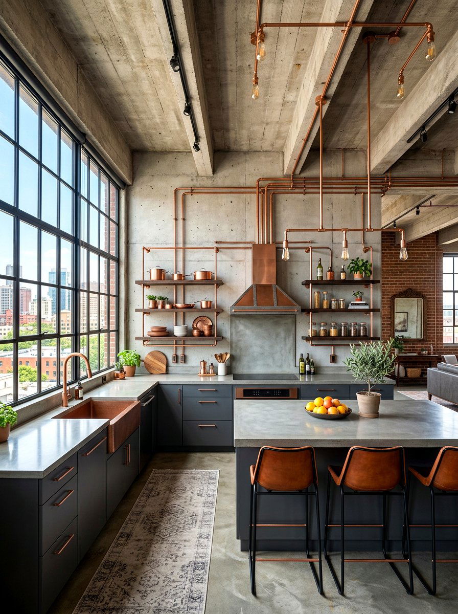 Loft Style Kitchen With Copper Pipes - 30 copper kitchen accent ideas