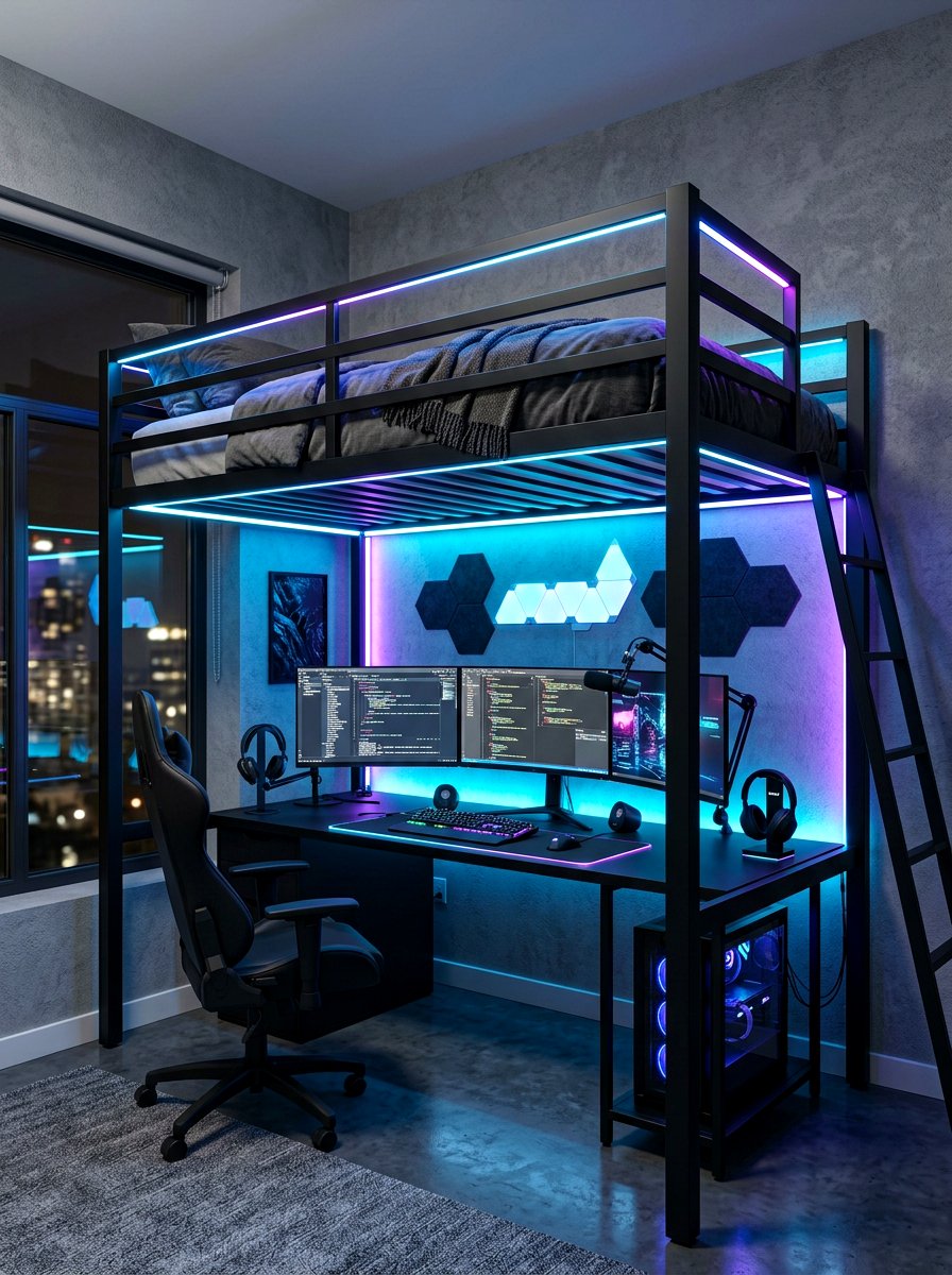Loft bed with LED lighting and desk - 30 loft bed office combo ideas