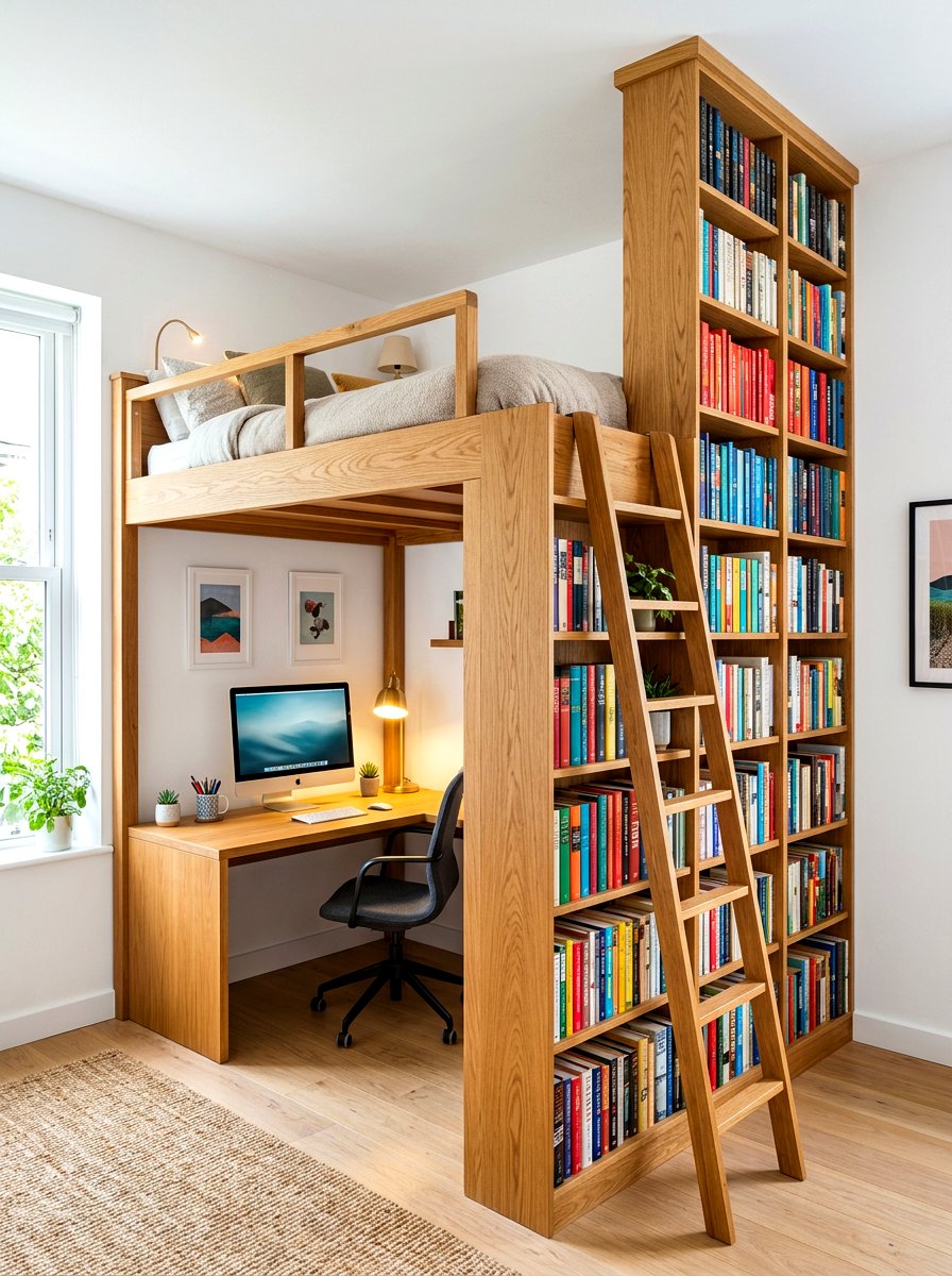 Loft bed with bookshelf and desk - 30 loft bed office combo ideas
