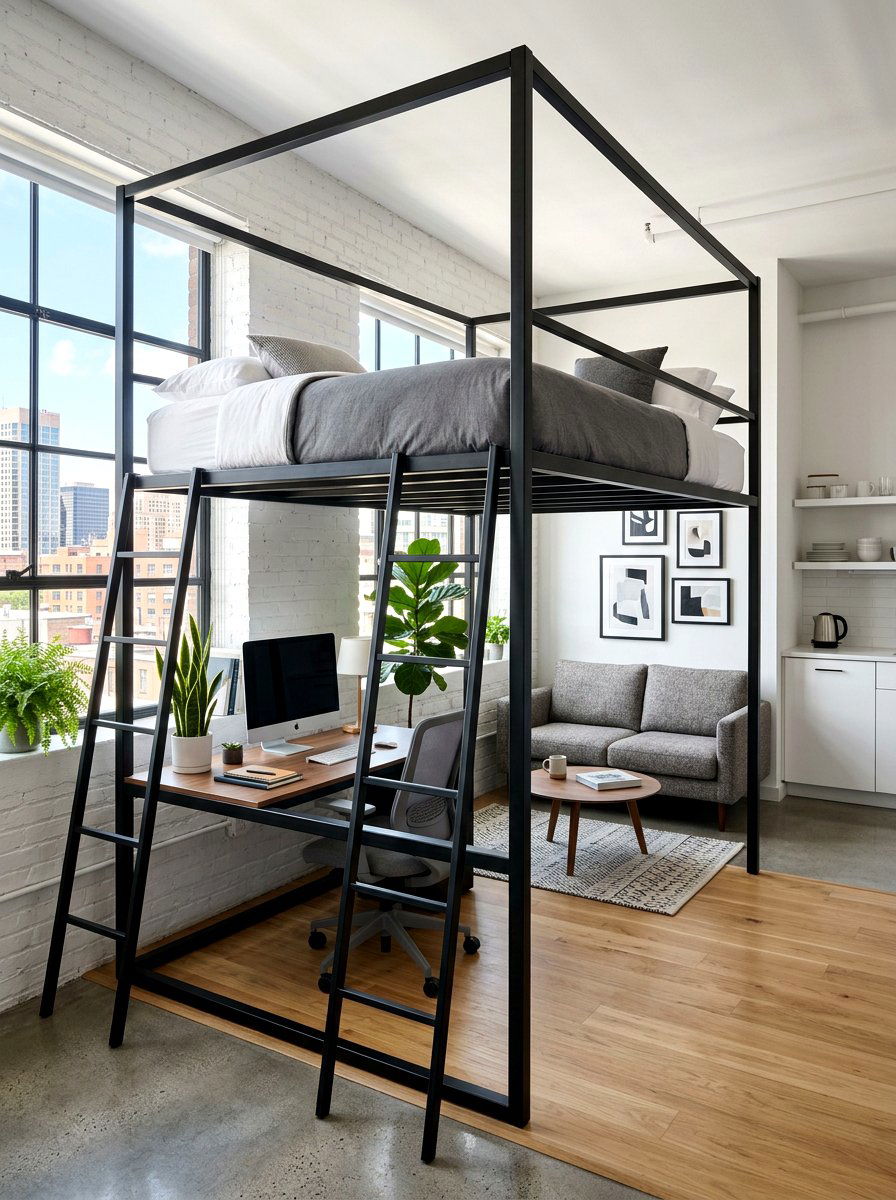 Loft bed with desk for studio apartment - 30 loft bed office combo ideas