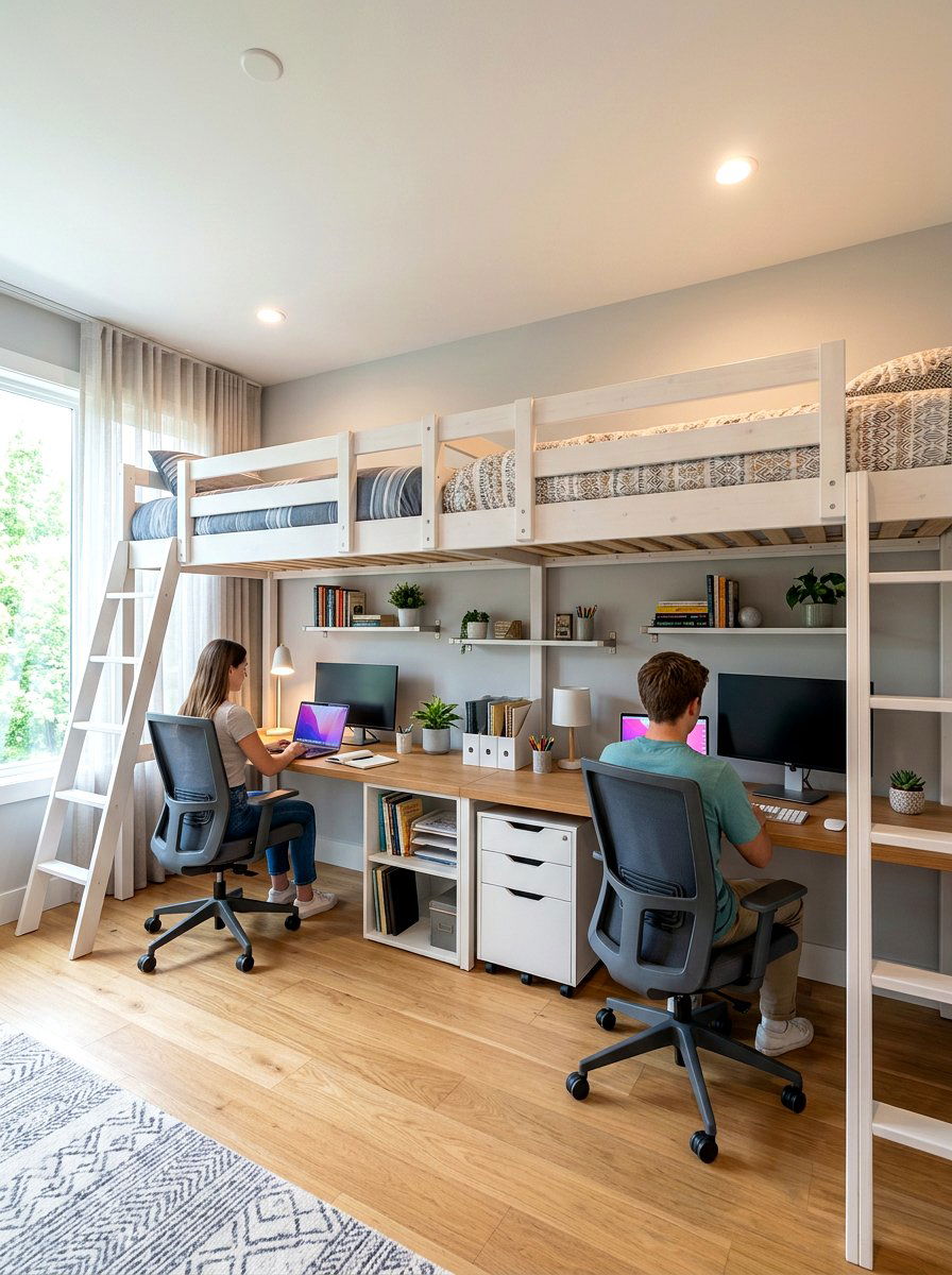 Loft bed with dual desk setup - 30 loft bed office combo ideas