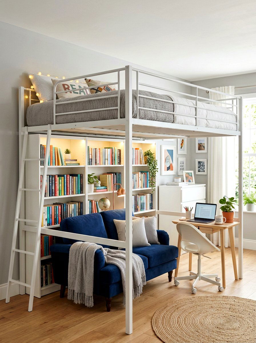 Loft bed with library underneath - 30 book lover teen room ideas