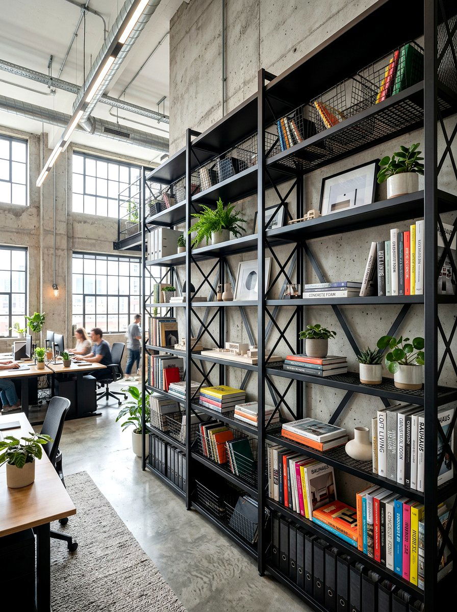 Loft style office shelves - 30 home office shelf ideas