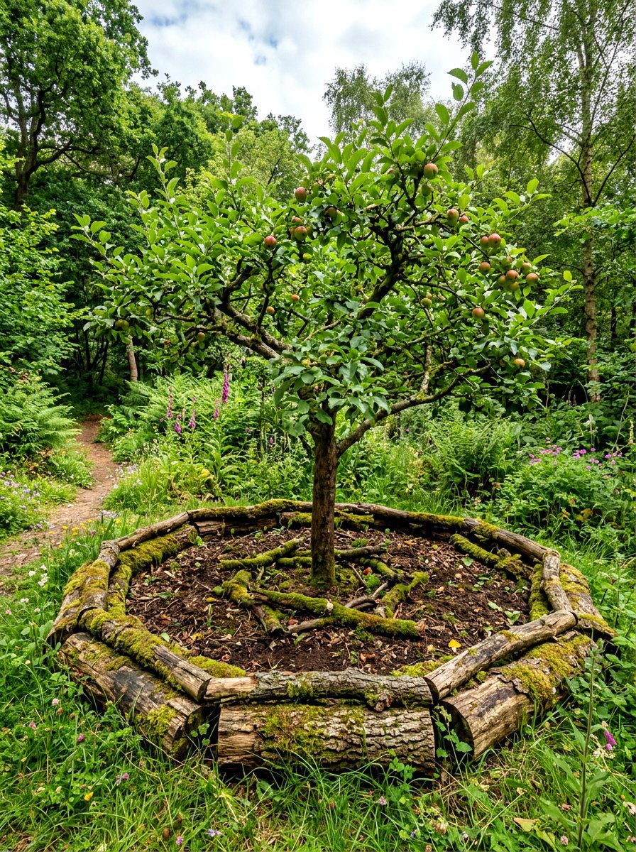 Log Edging Apple Tree Circle - 30 apple tree border ideas