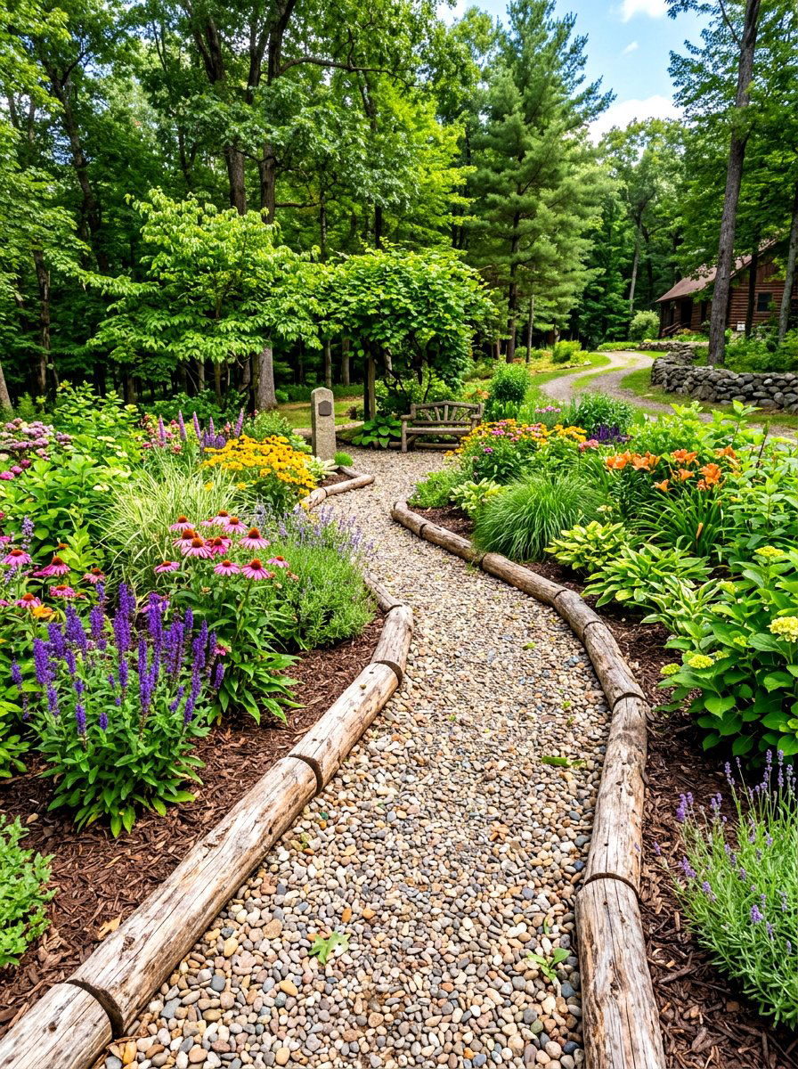 Log Edging Garden - 30 woodland backyard landscaping ideas