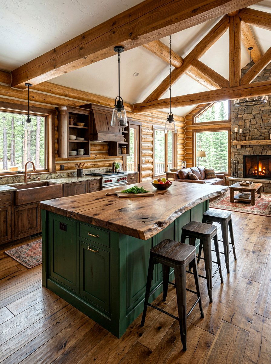 Log Home Kitchen Island - 30 cabin kitchen ideas