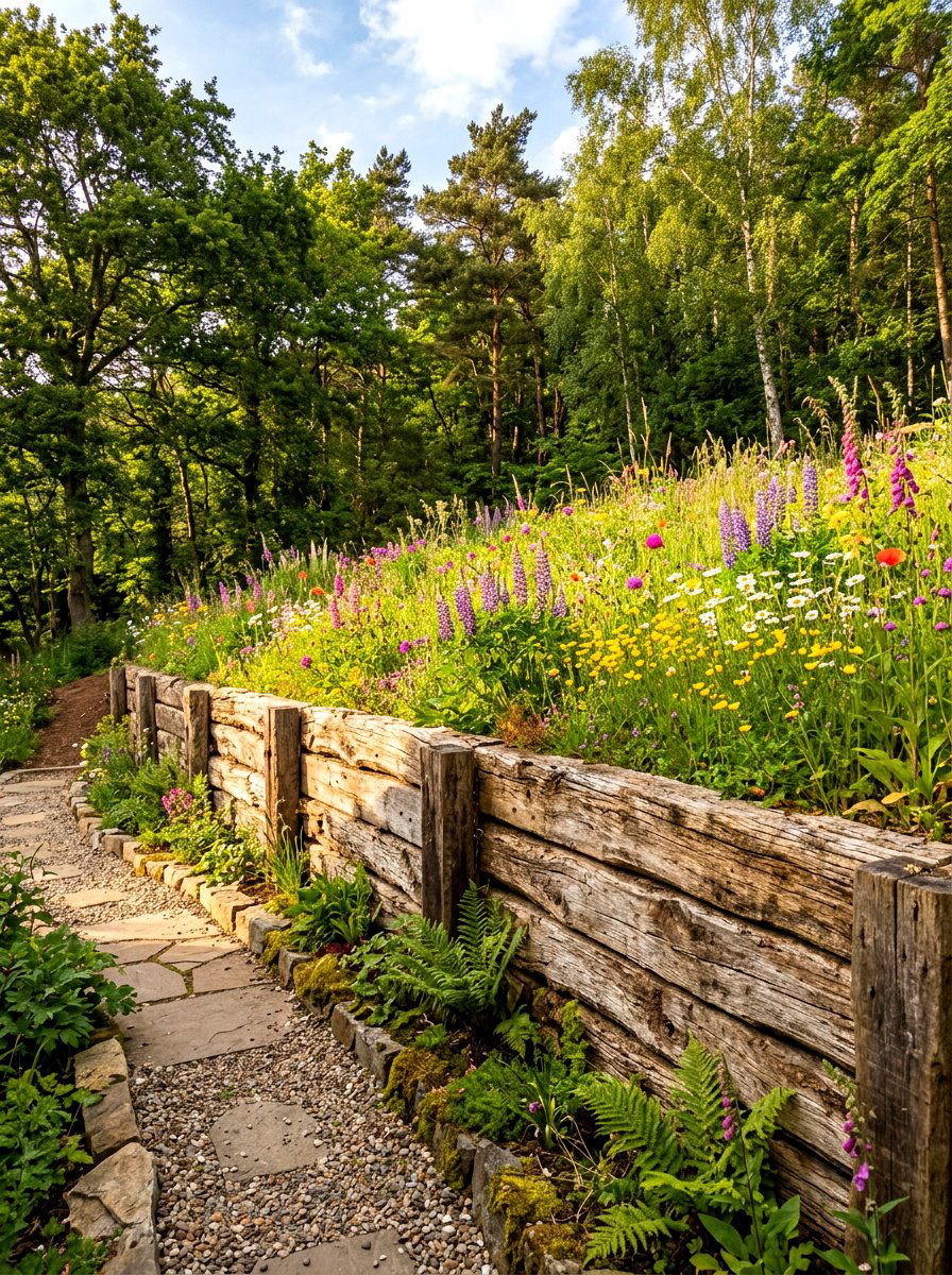 Log Retaining Wall - 30 natural landscaping ideas