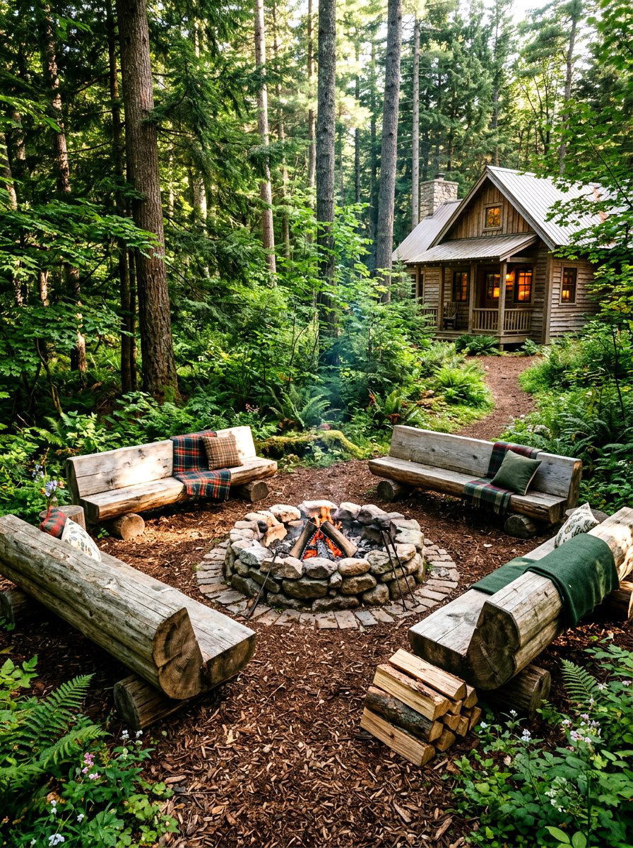 Log Seating Fire Pit - 30 rustic fire pit ideas