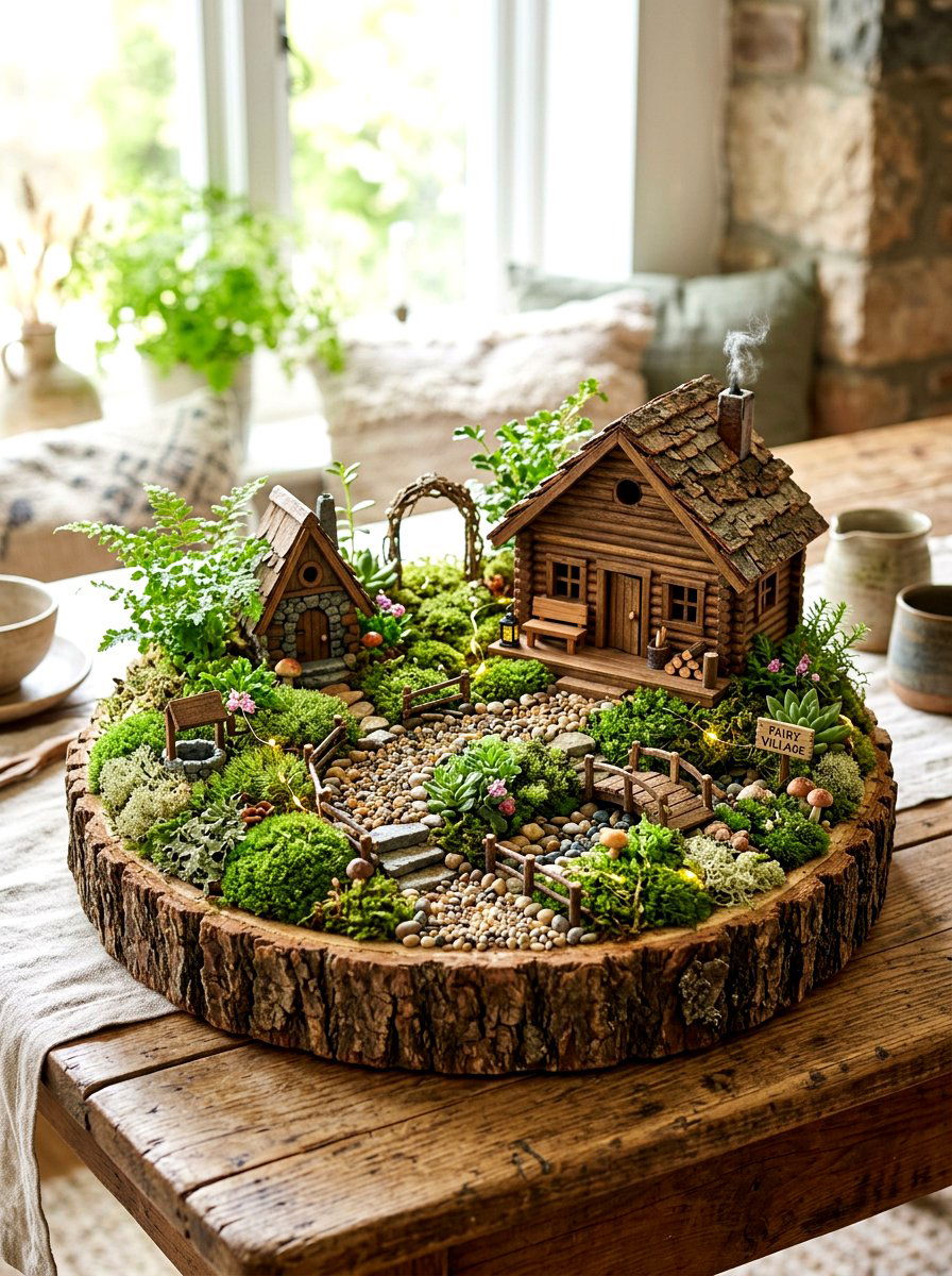 Log Slice Fairy Garden - 30 miniature fairy garden ideas
